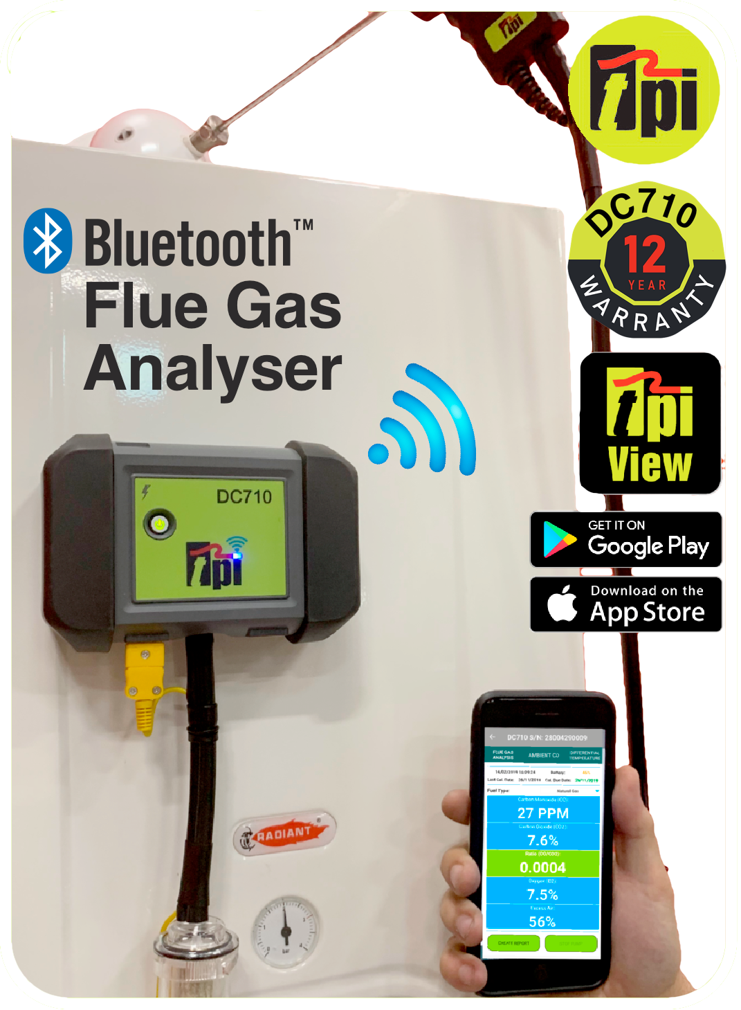 TPI DC710 Bluetooth-Enabled Flue Gas Analyser With Charger
